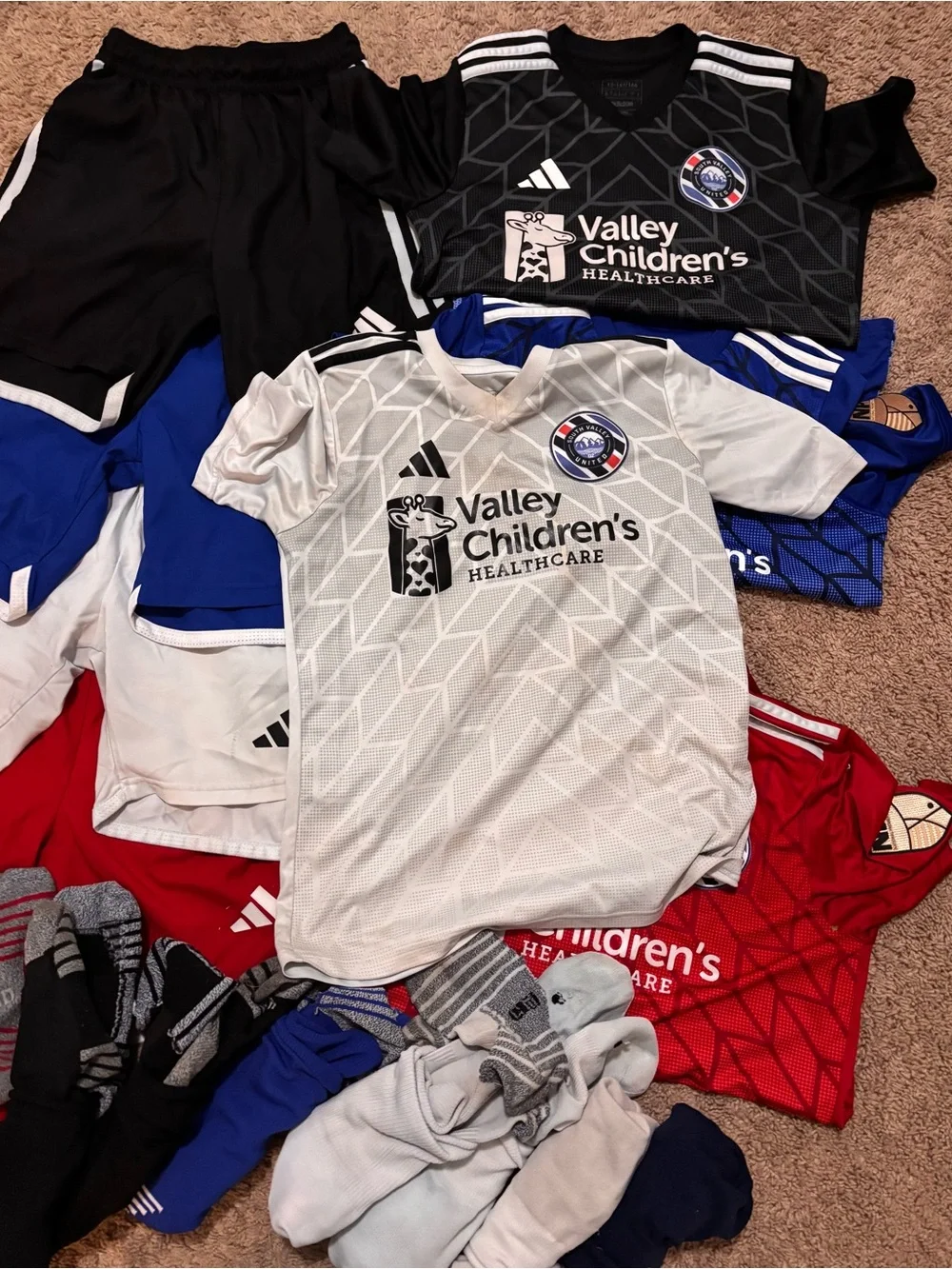 adidas Kids Soccer Jersey & Shorts Bundle - Black, Blue, Gray, Red, White